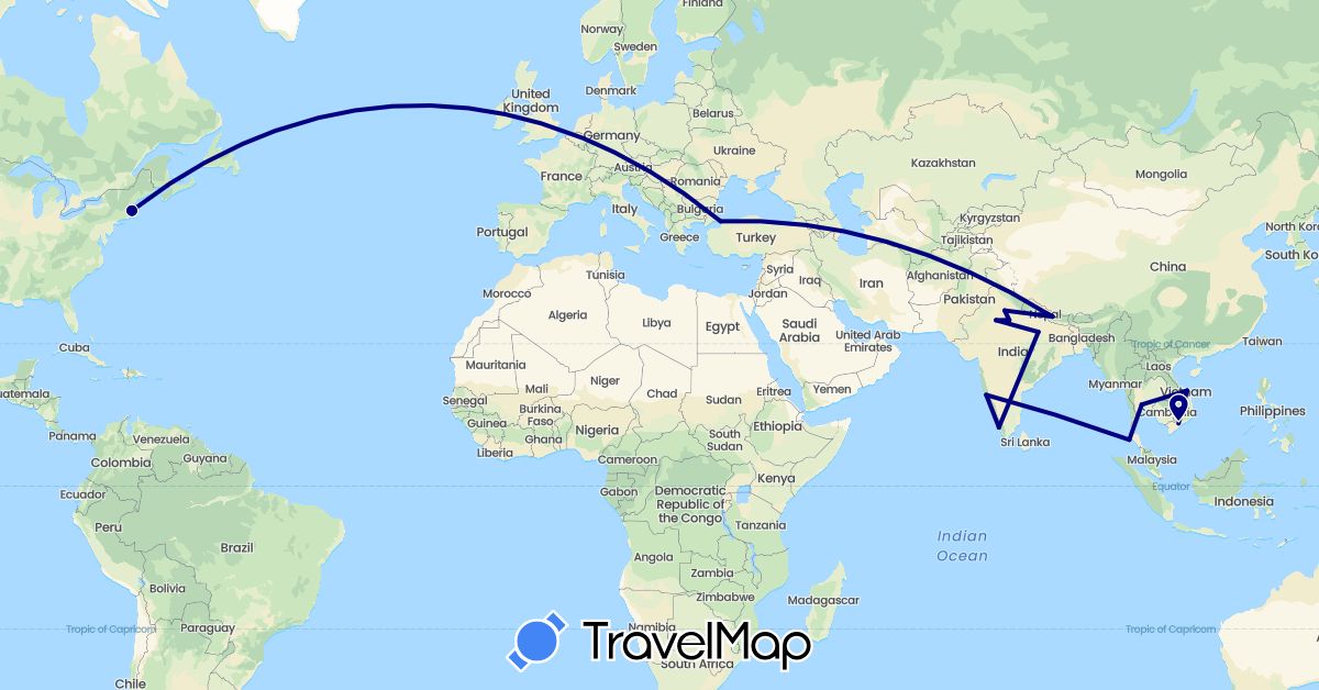TravelMap itinerary: driving in India, Nepal, Thailand, Turkey, United States, Vietnam (Asia, North America)